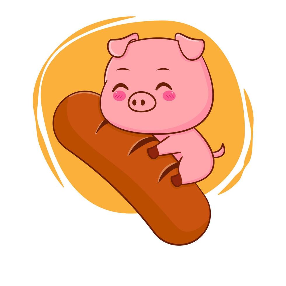 cochon mignon étreignant la saucisse. illustration de dessin animé de style dessiné à la main vecteur