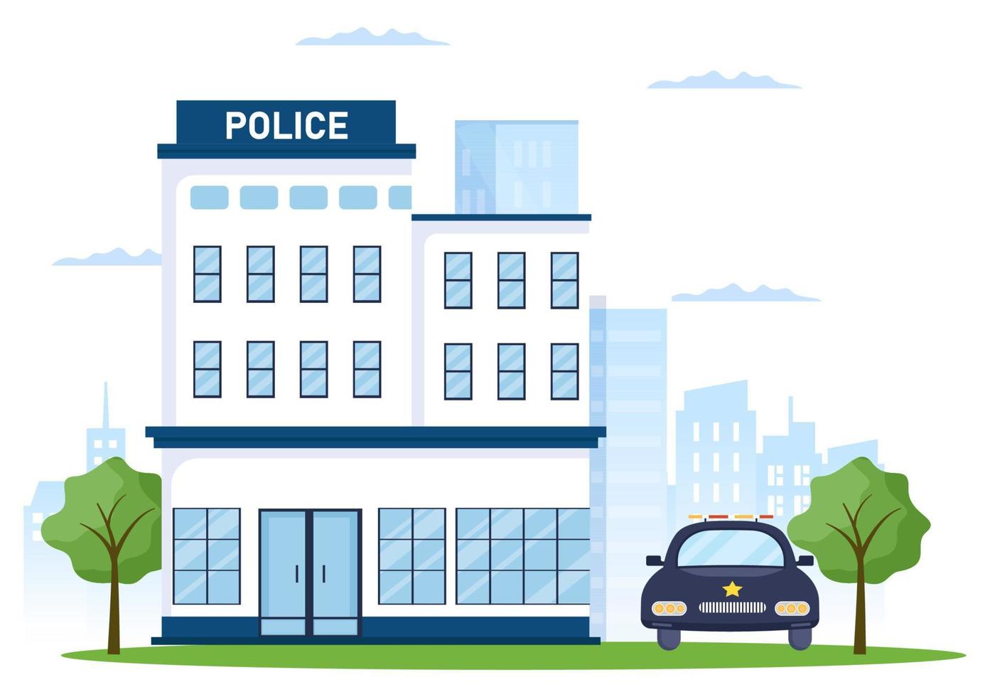 bâtiment du service de police avec policier et voiture de police dans une illustration de fond de style plat vecteur