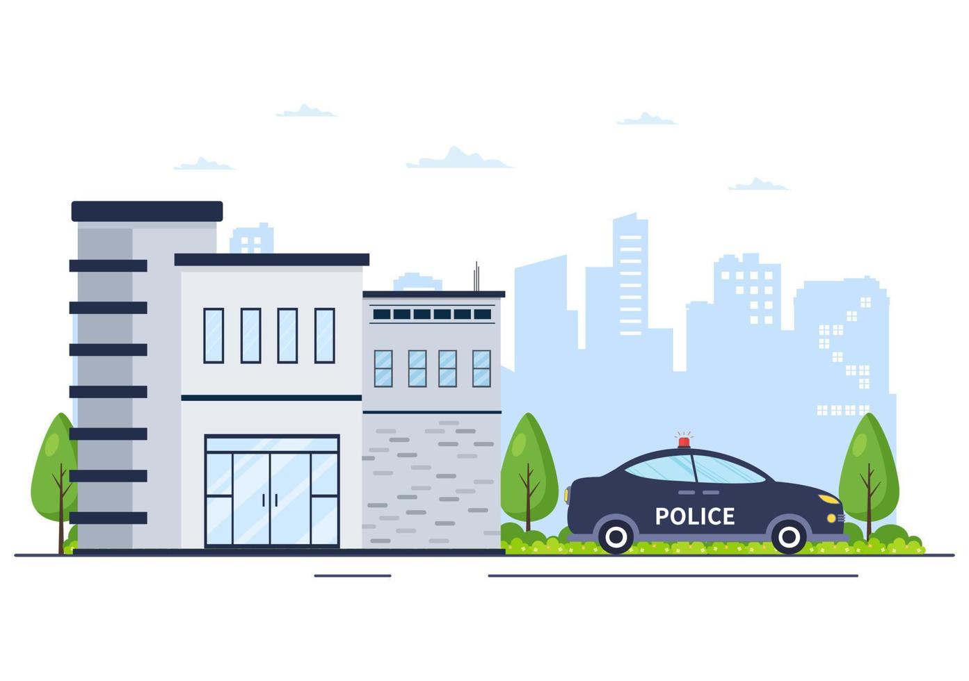 bâtiment du service de police avec policier et voiture de police dans une illustration de fond de style plat vecteur