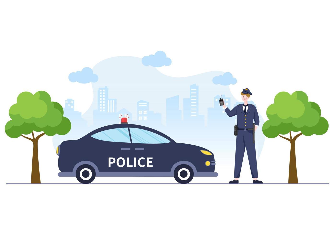 bâtiment du service de police avec policier et voiture de police dans une illustration de fond de style plat vecteur