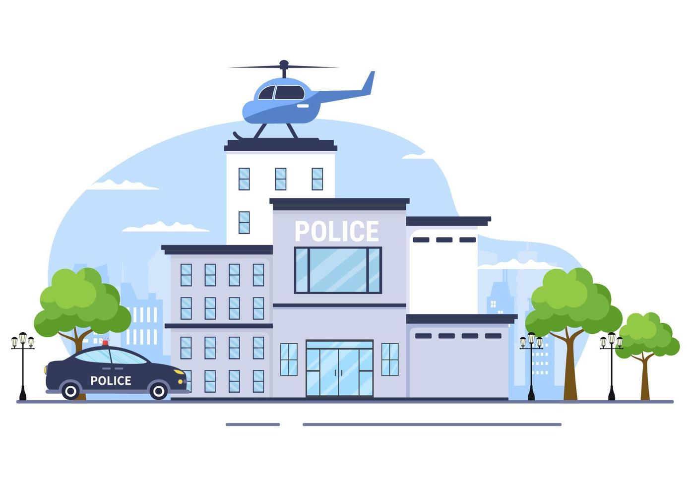bâtiment du service de police avec policier et voiture de police dans une illustration de fond de style plat vecteur