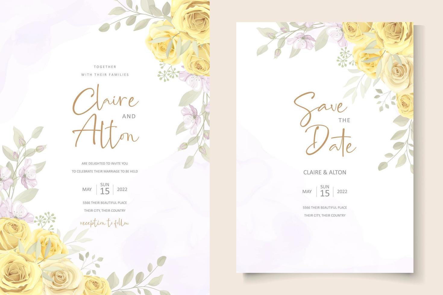 conception de modèle d'invitation de mariage fleur rose en fleurs dessinés à la main vecteur