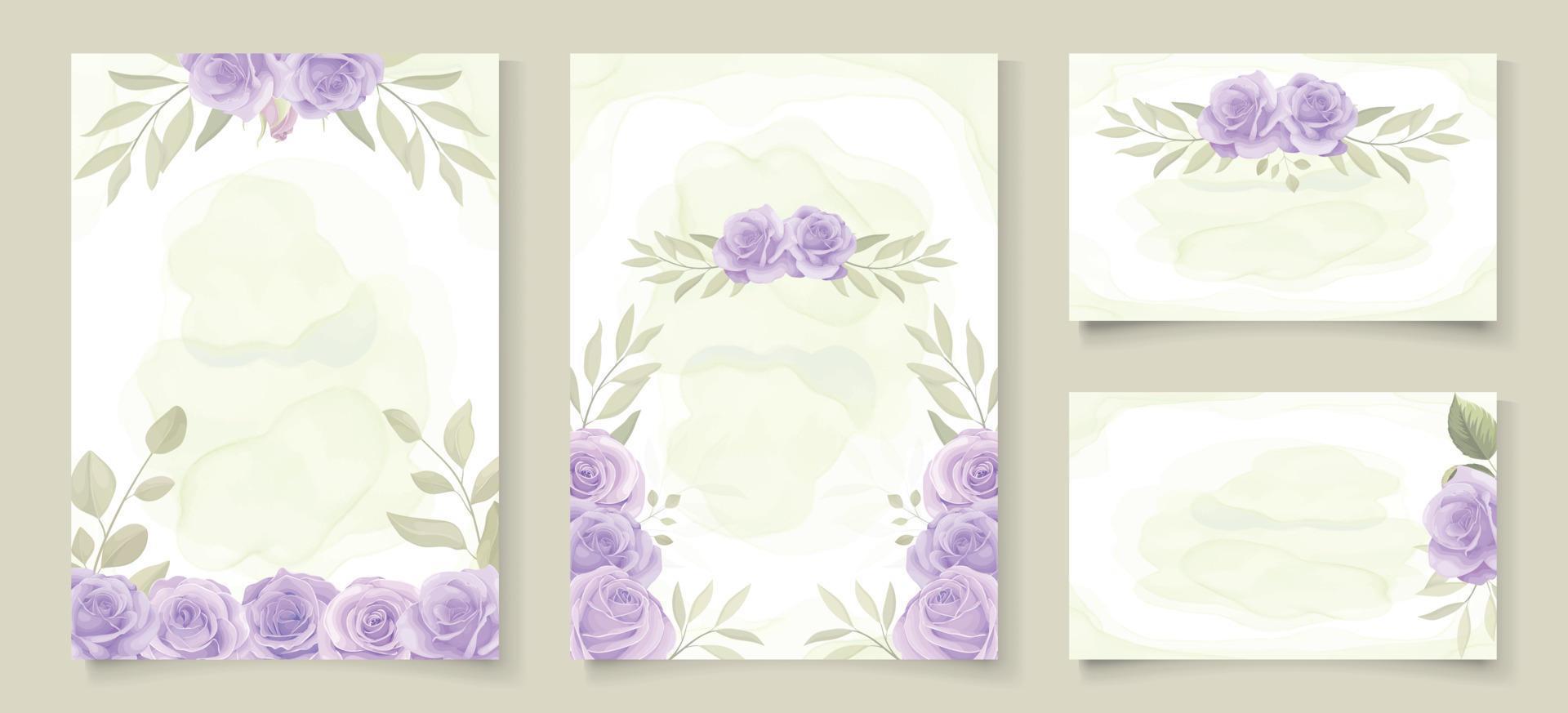 ensemble de modèles d'invitation de mariage avec un beau design de roses en fleurs violettes vecteur