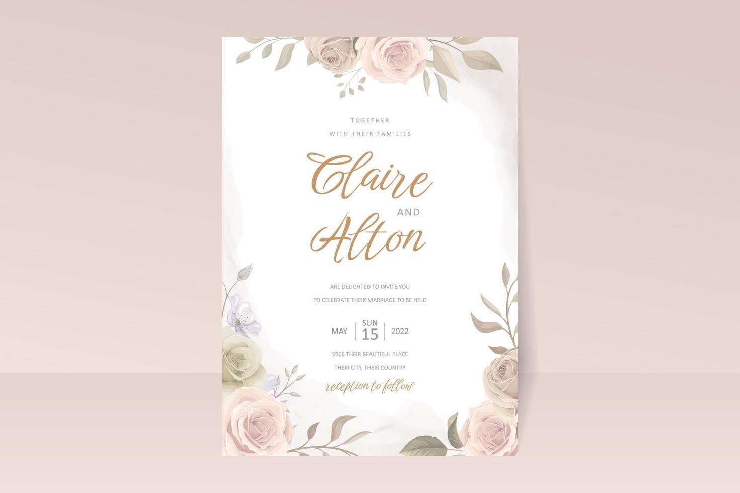 belle carte d'invitation de mariage floral et feuilles douces vecteur