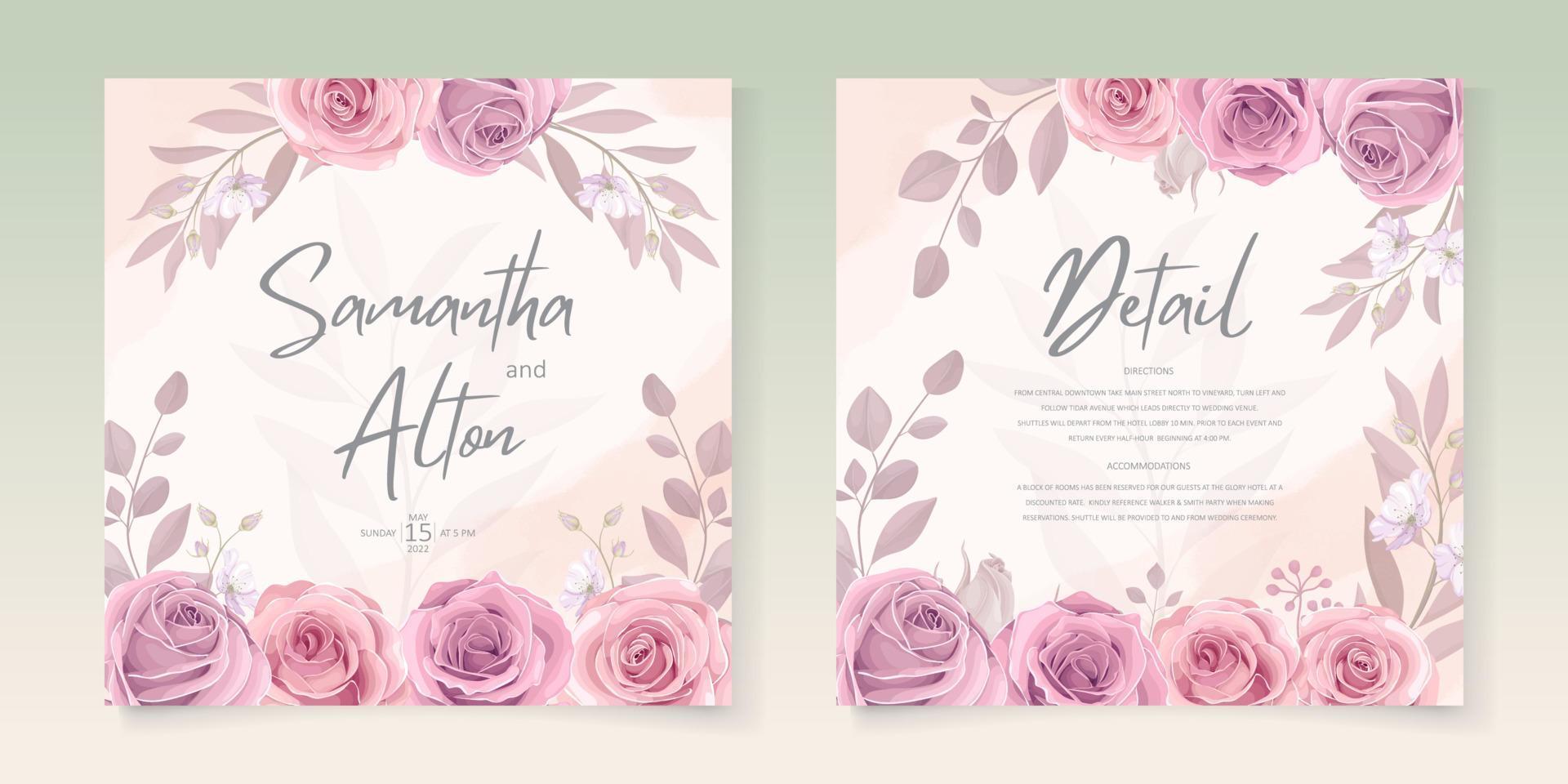 conception de cartes de mariage de fleurs roses en fleurs dessinées à la main vecteur