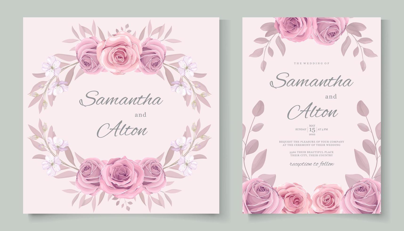 conception de cartes de mariage de fleurs roses en fleurs dessinées à la main vecteur