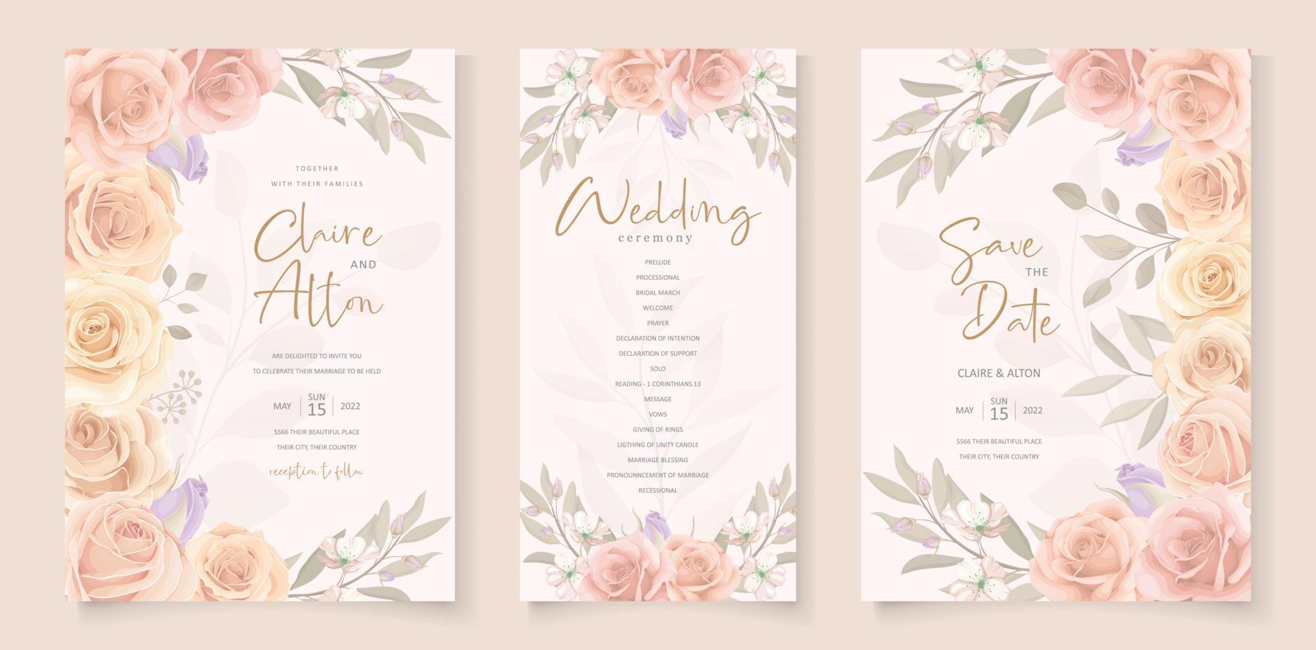 conception de cartes de mariage de fleurs roses en fleurs dessinées à la main vecteur