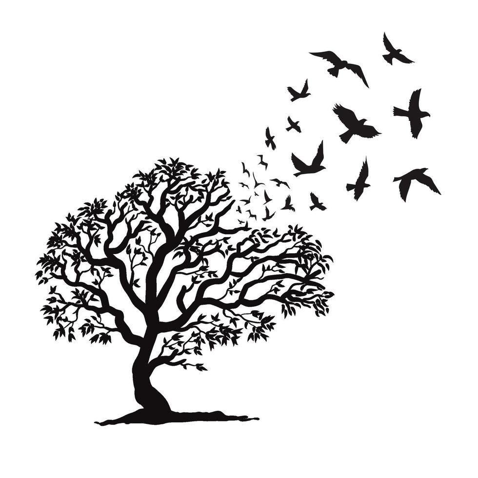 silhouette d'arbre avec vecteur d'oiseau volant