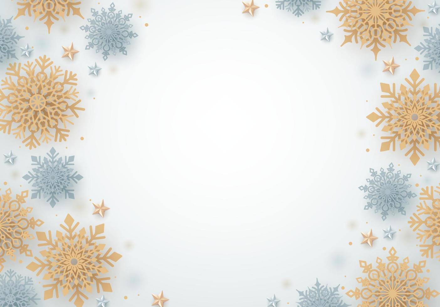 fond de vecteur de neige hiver. flocons de neige de noël d'or et d'argent et espace vide blanc pour le texte. illustration vectorielle.