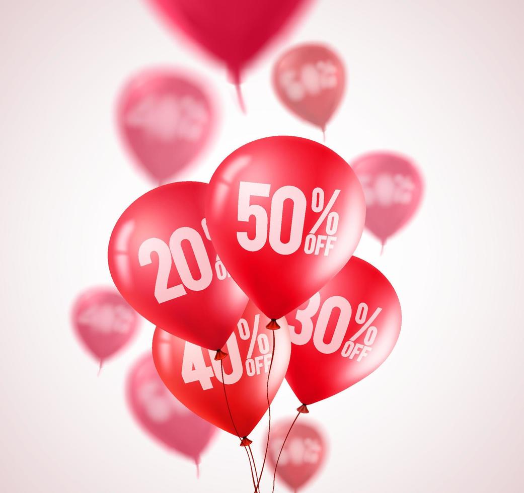 conception de vecteur de ballons de remise rouge. voler des ballons rouges avec 50 pour cent de réduction sur fond blanc pour la promotion du marketing en magasin. illustration vectorielle.