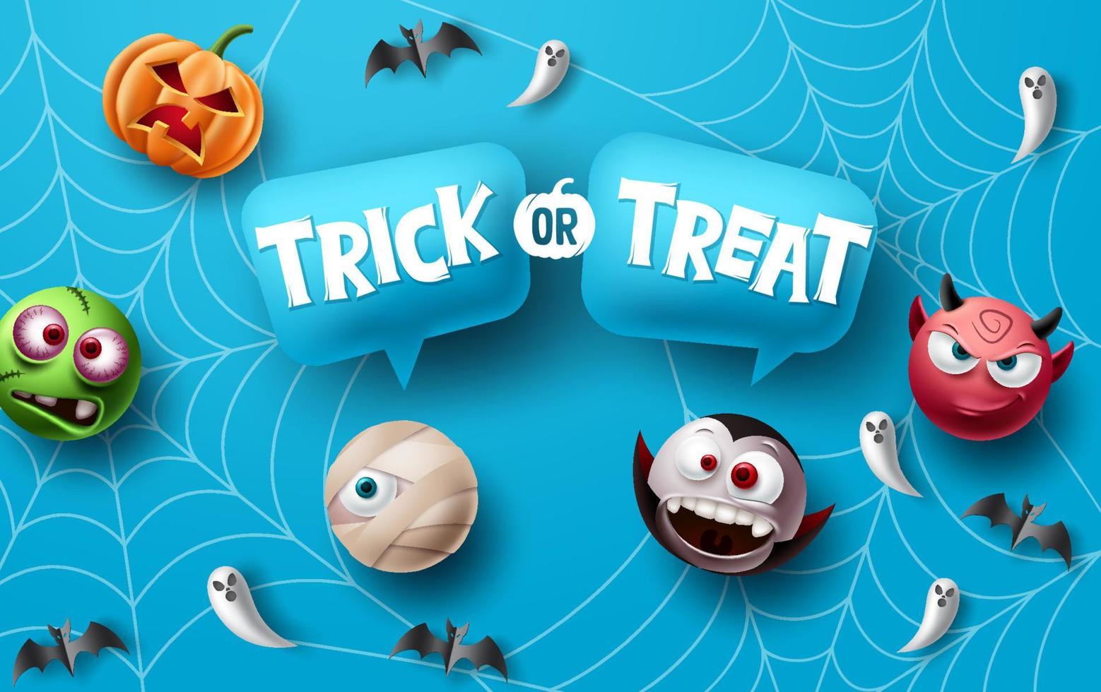 tromper ou traiter la conception vectorielle d'halloween. éléments de caractère d'halloween avec texte de typographie trick or treat dans l'espace des bulles de discours pour une célébration de mascotte mignonne et effrayante. illustration vectorielle. vecteur