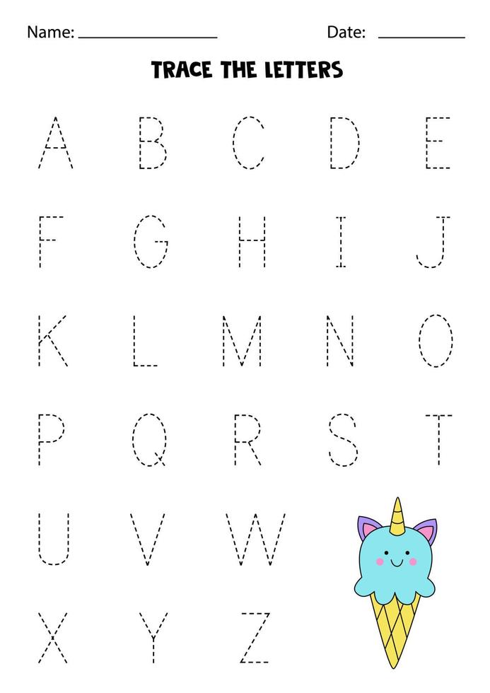 apprendre l'alphabet. tracer des lettres. jolie glace à la licorne. vecteur