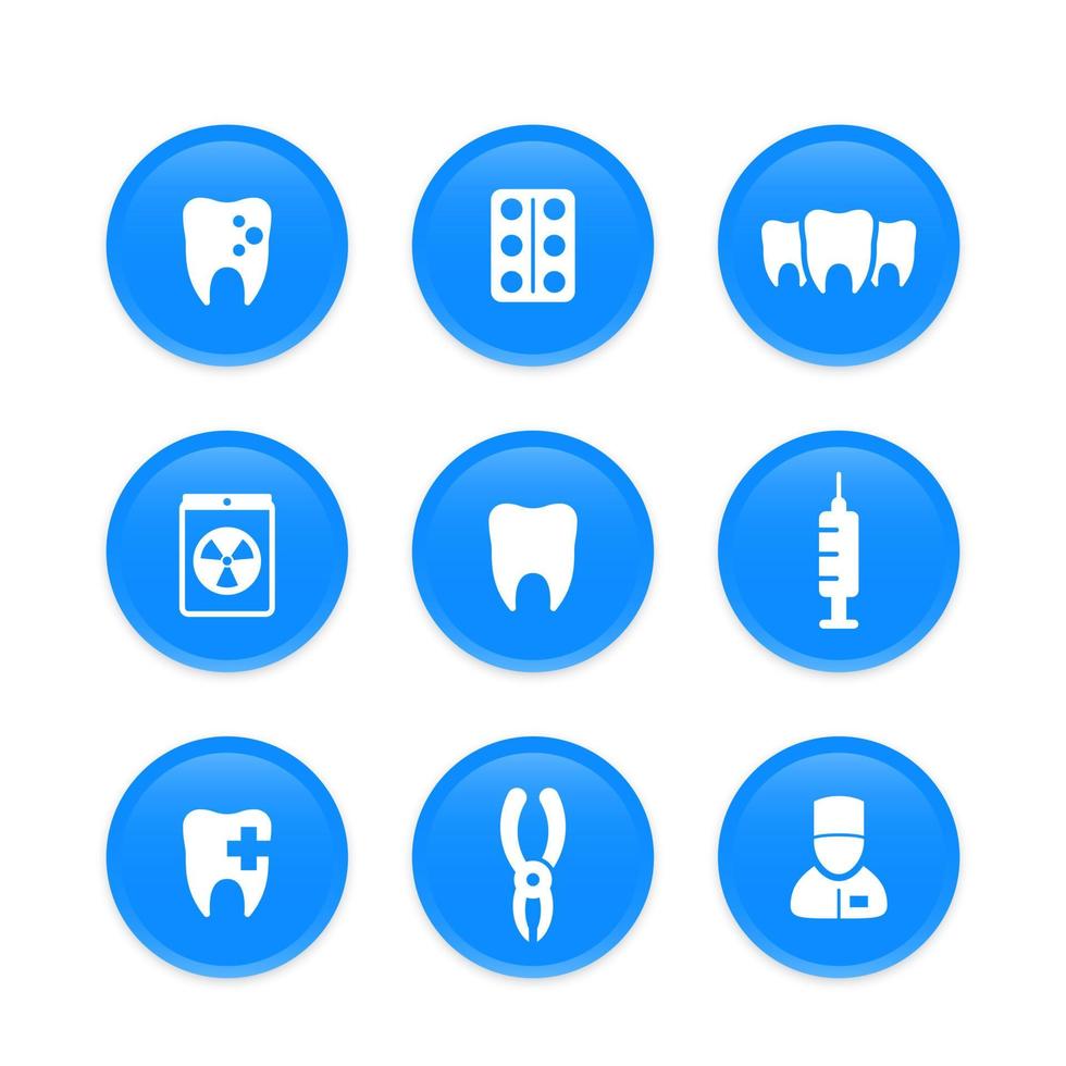 dents, soins dentaires, stomatologie, icônes de dentiste sur des formes bleues rondes vecteur