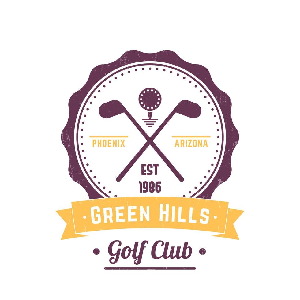 logo vintage de club de golf, emblème, signe vintage de club de golf, clubs de golf croisés et balle sur blanc, illustration vectorielle vecteur