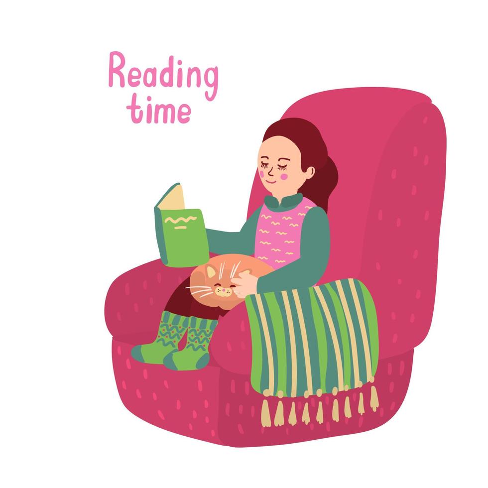 illustration du temps de lecture avec une fille assise dans le fauteuil vecteur