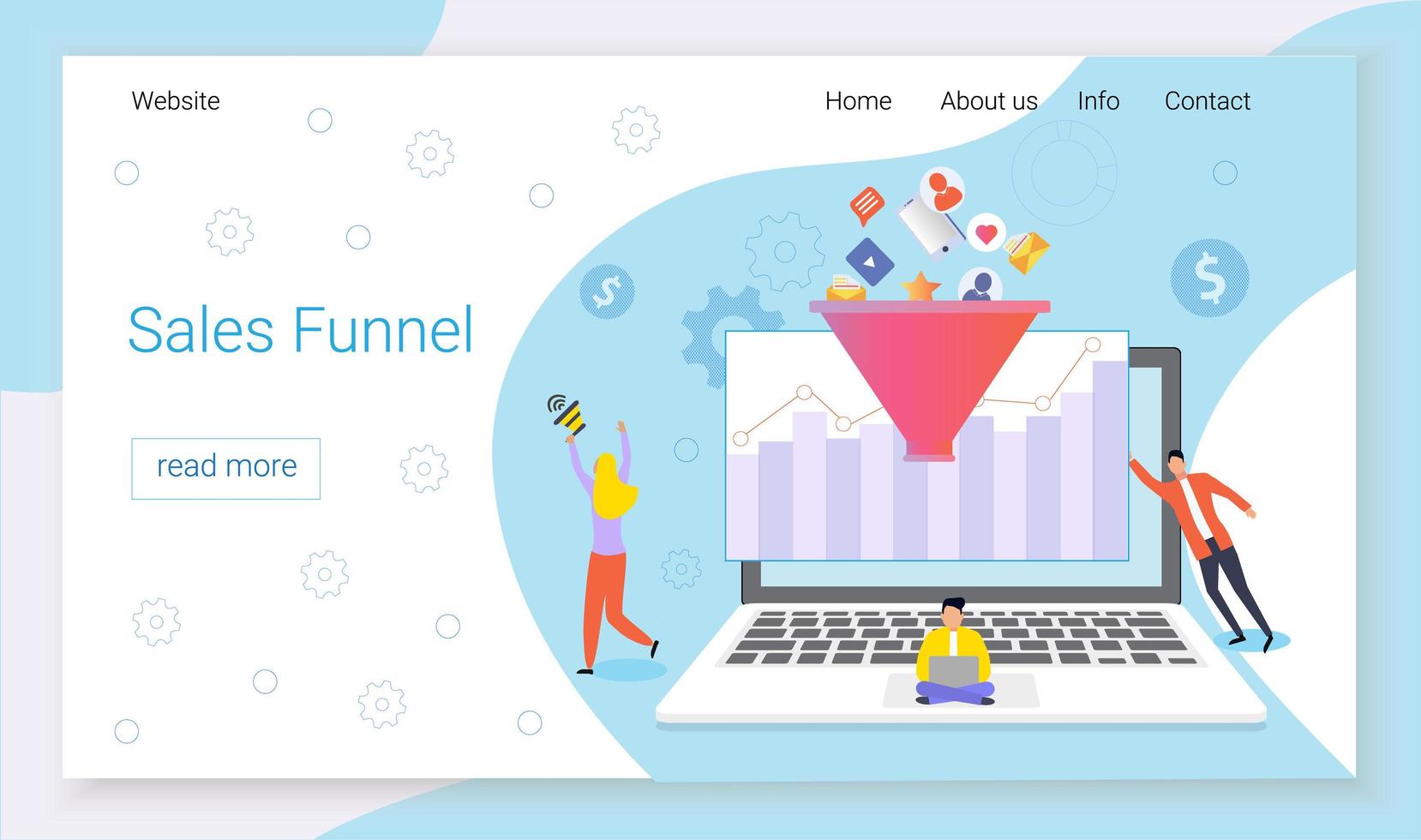 concept de conception d'entonnoir de vente de médias sociaux avec de petites personnes. modèle de page de destination pour le web. vecteur
