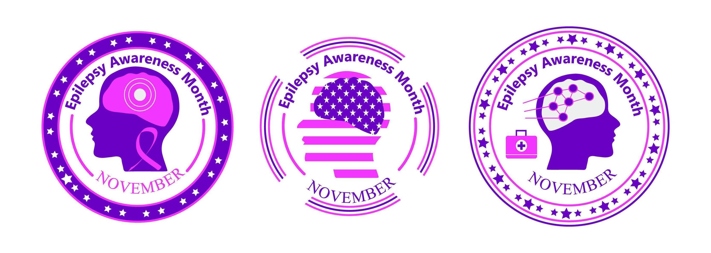 le mois de sensibilisation à l'épilepsie est organisé en novembre aux états-unis. ruban violet, cerveau, étoiles sont affichés. vecteur