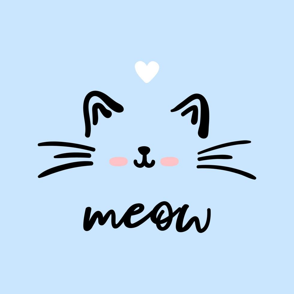 chat mignon visage miaou vecteur doodle illustration isolé sur fond bleu avec lettrage miaou. affiche de pépinière de bébé d'enfants.