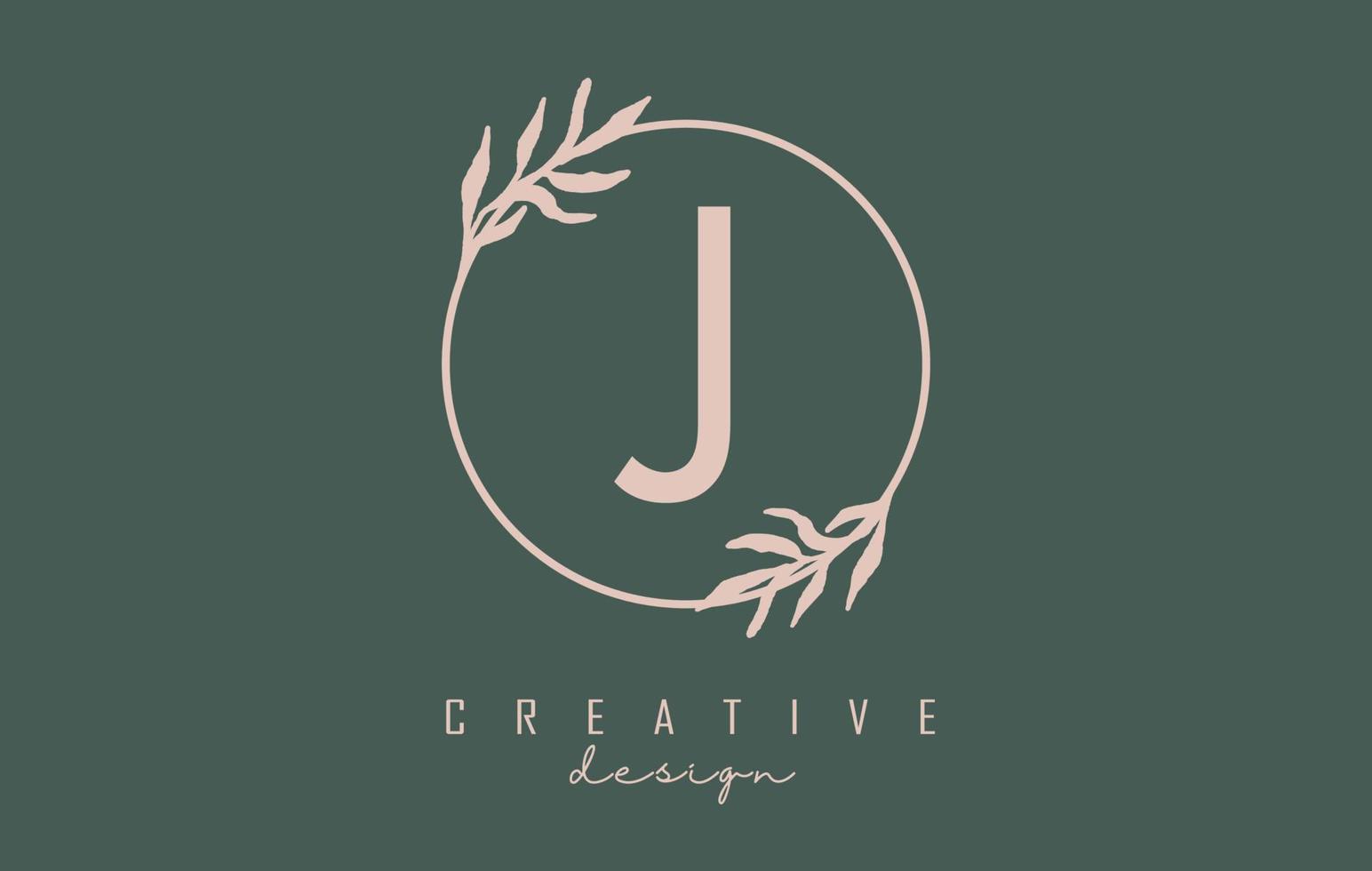 logo de la lettre j avec cadre en cercle et conception de feuilles pastel. illustration vectorielle arrondie avec lettre j et feuille pastel. vecteur