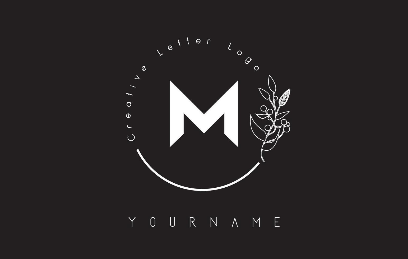 logo créatif de la lettre initiale m avec l'élément et la feuille de fleur dessinés à la main de cercle de lettrage. vecteur