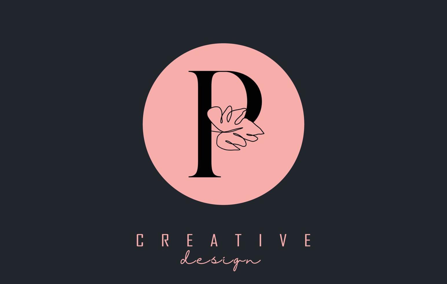 Création de logo de lettre p avec feuille de monstera un dessin au trait sur une illustration vectorielle de fond cercle rose. vecteur