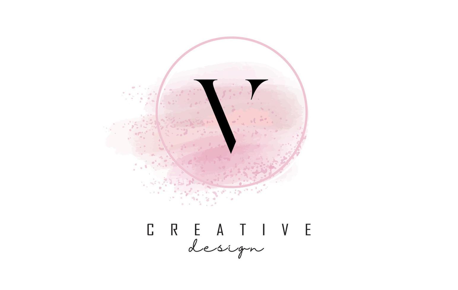 création de logo de lettre v avec cadre rond pailleté et fond aquarelle rose. vecteur