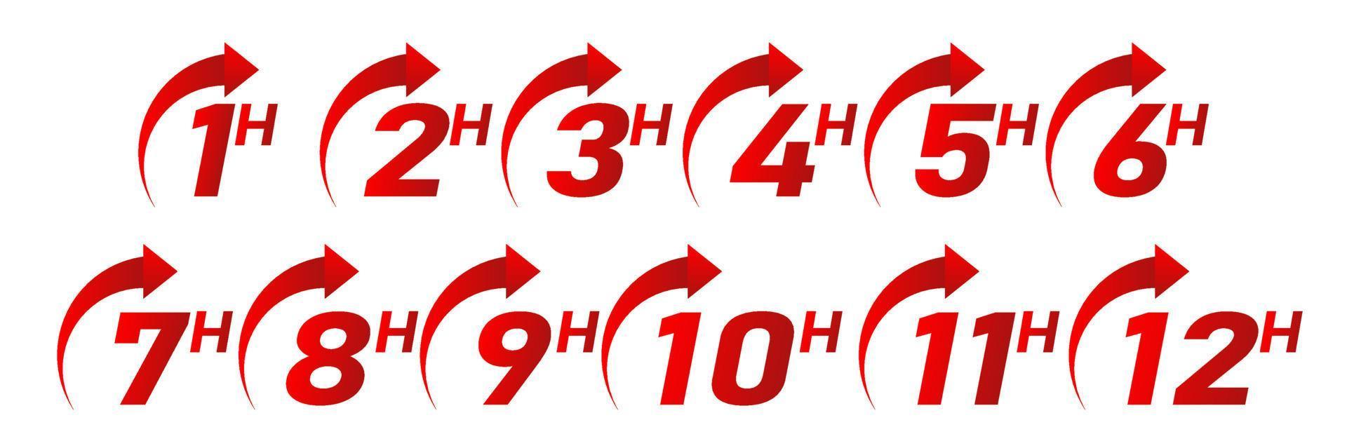 flèche d'horloge 1, 2, 3, 4, 5, 6, 7, 8, 9, 10, 11 et 12 heures d'exécution de la commande ou des icônes de service de livraison. illustration vectorielle. ensemble d'icônes de temps de service de livraison. vecteur