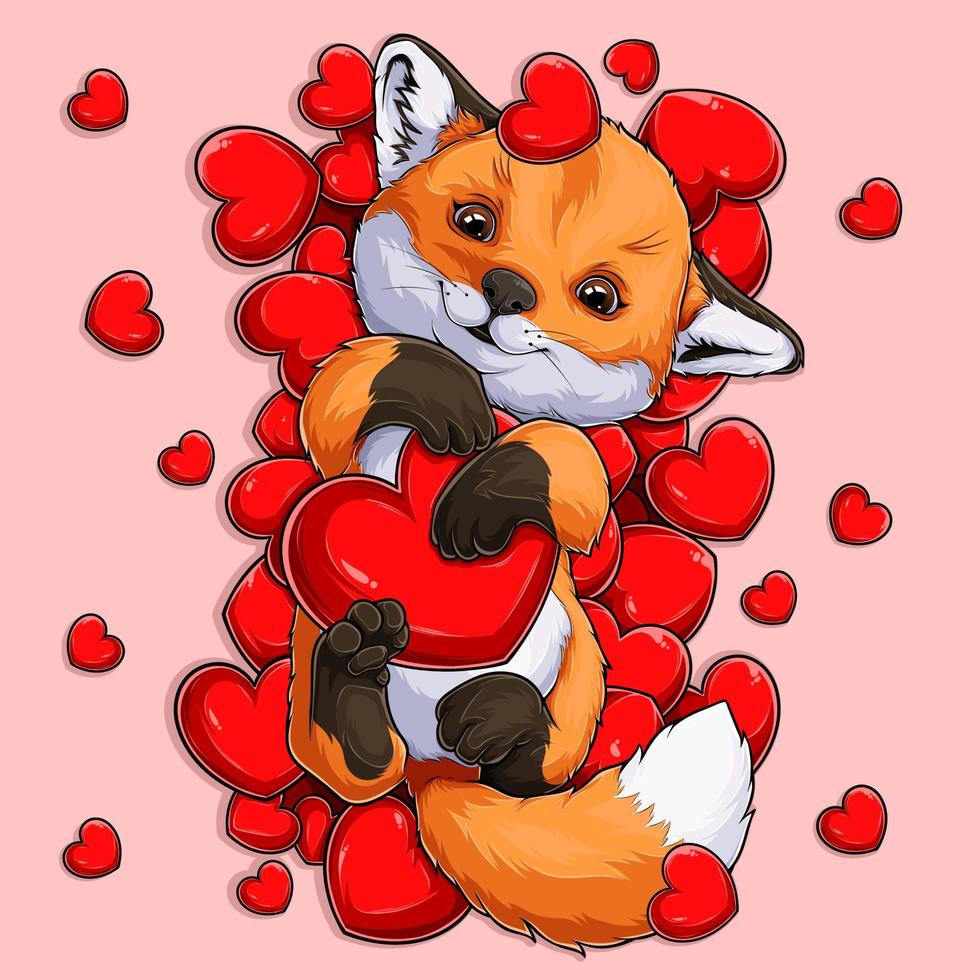 drôle de renard de la saint valentin dormant sur un grand ensemble de coeurs d'amour et tenant un grand coeur vecteur
