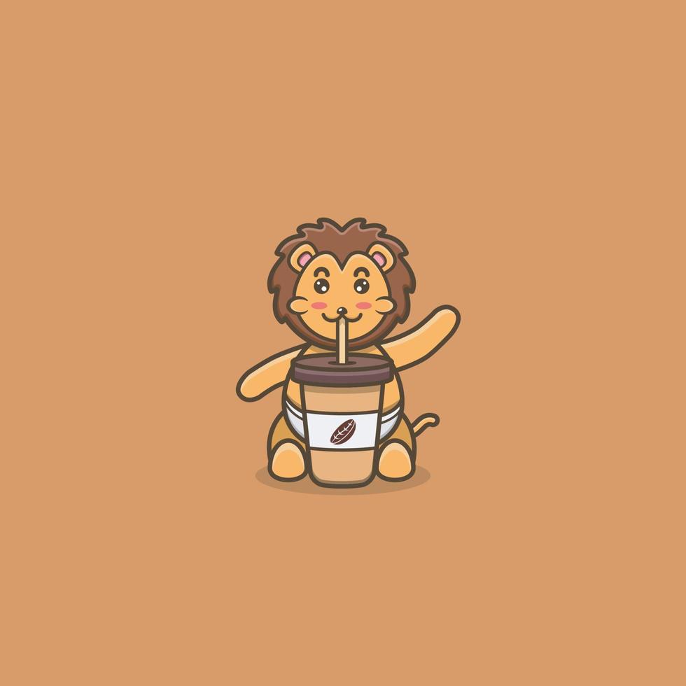 café mignon bébé lion. personnage, mascotte, icône, logo, dessin animé et design mignon. vecteur