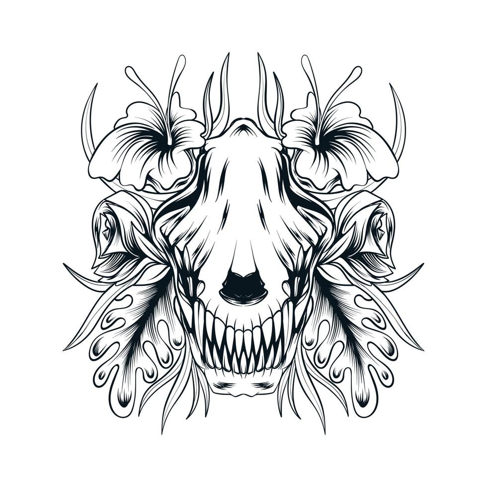 Croquis d'illustration de crâne de tête de loup dans un style floral vecteur