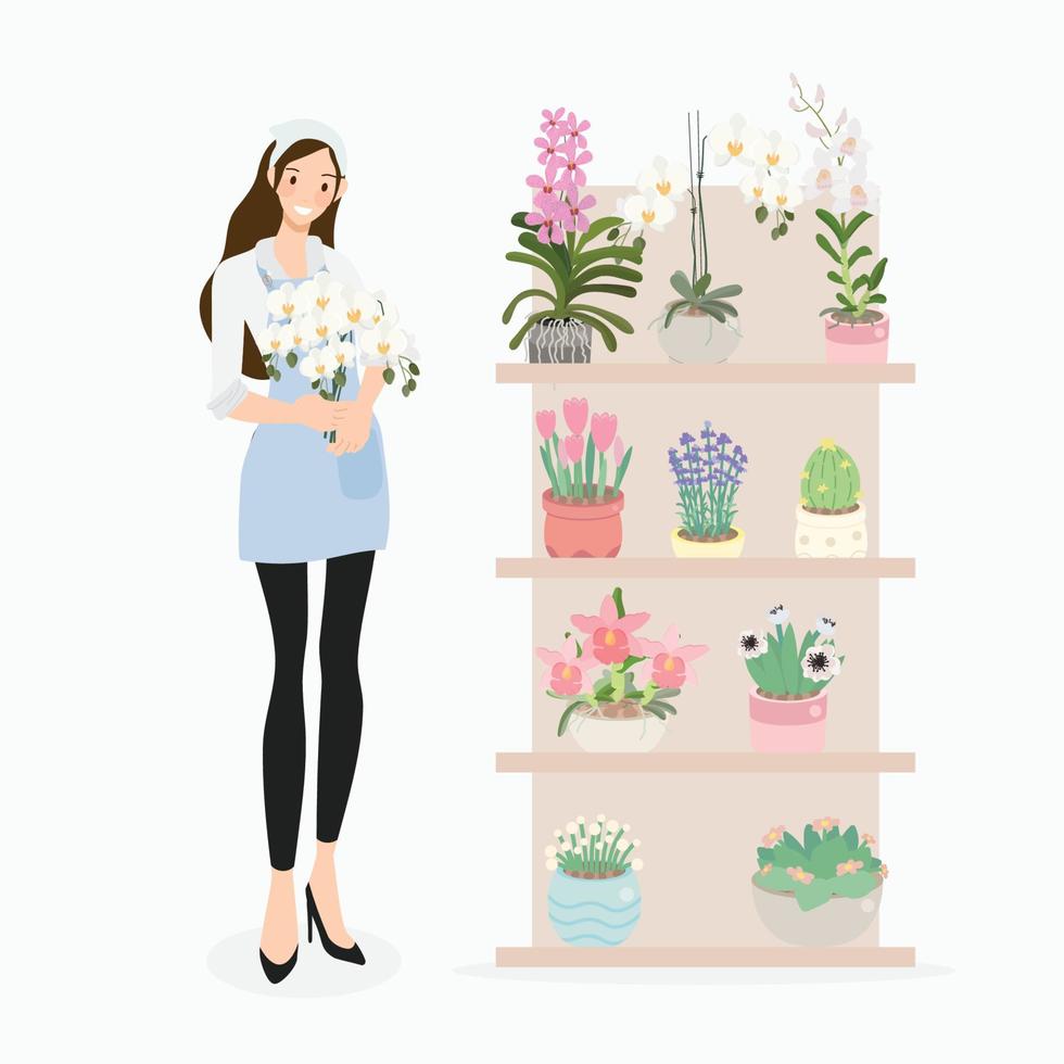 Jolie jeune femme fleuriste dans un magasin de fleurs isolé sur fond gris clair Jolie jeune femme fleuriste dans un magasin de fleurs isolé sur fond gris clair vecteur