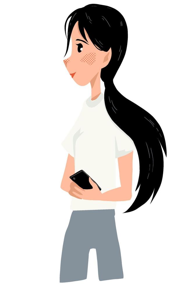 adolescente avec téléphone dans ses mains. jeune personnage féminin. poils longs, t-shirt blanc. dessin animé. vue de côté vecteur