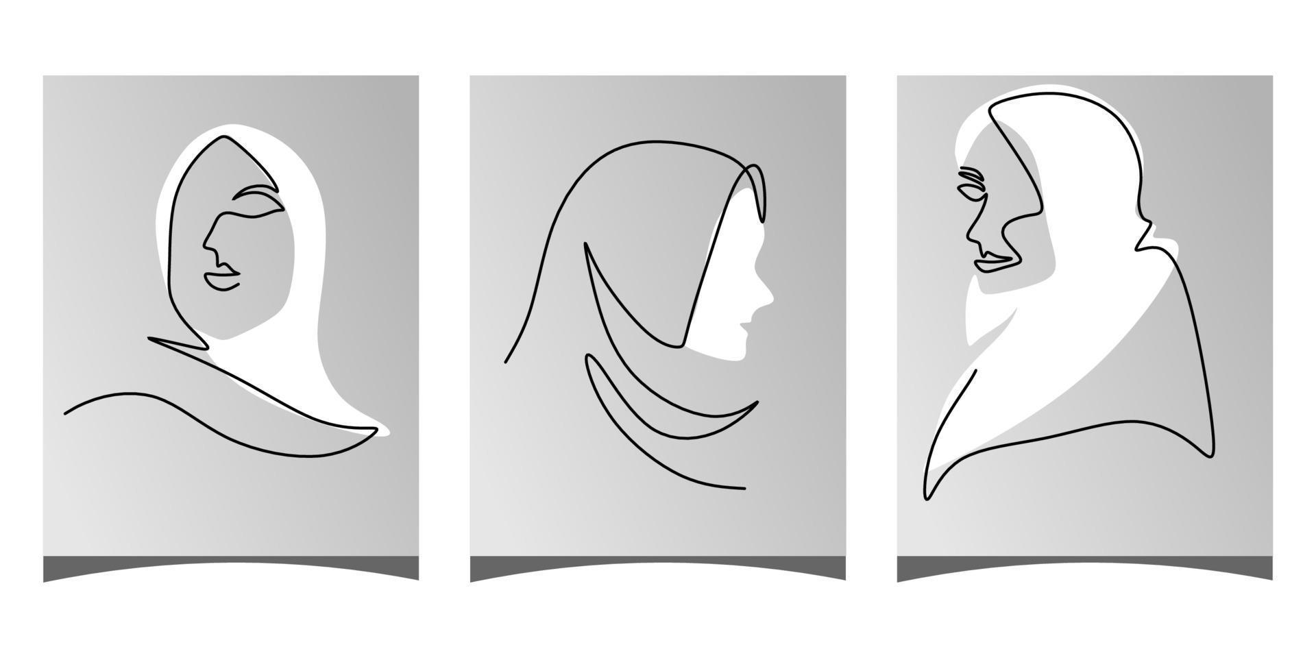 une seule ligne continue de trois affiches de femmes hijab vecteur