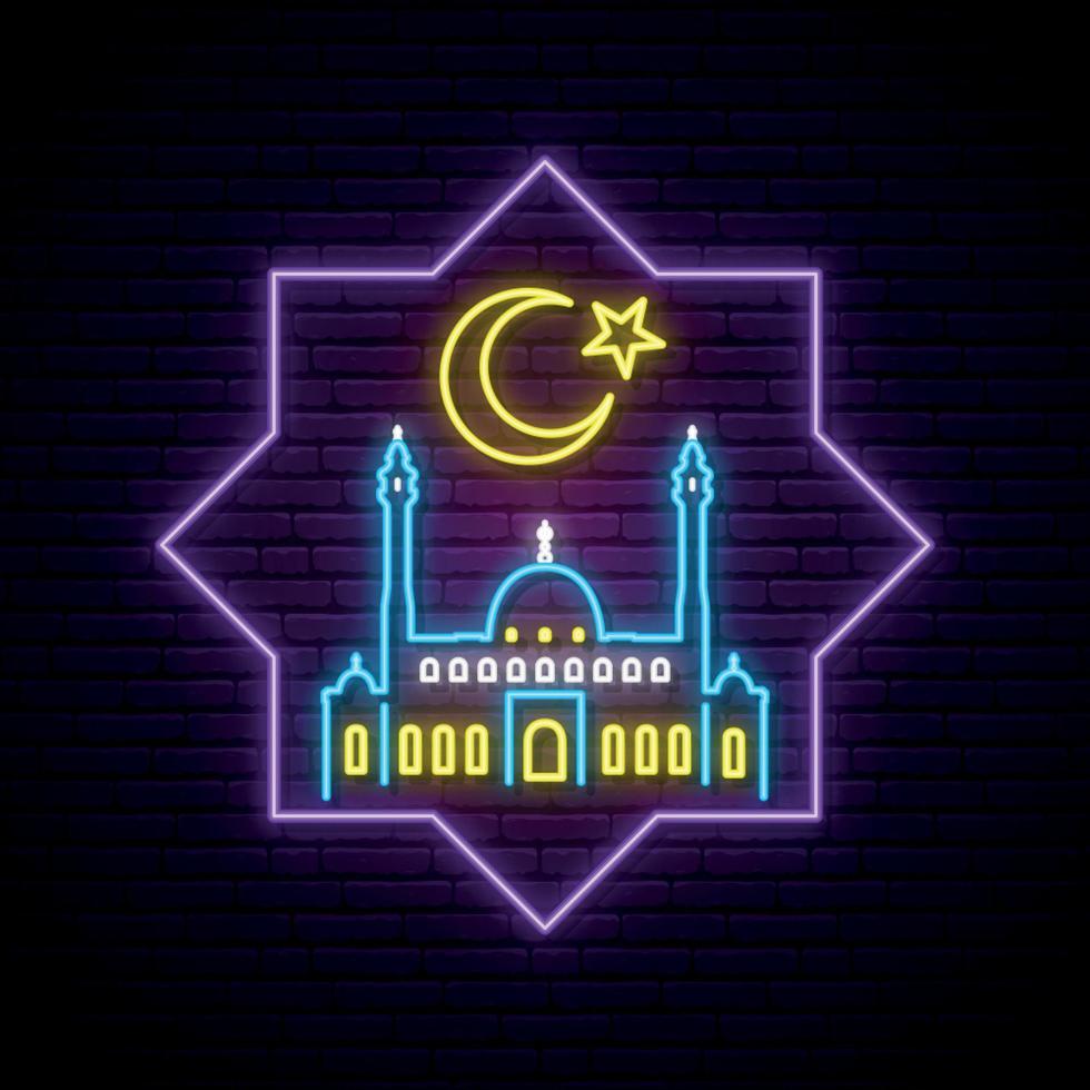 enseigne de nuit lumineuse du ramadan kareem. enseigne au néon de la mosquée islamique. vecteur