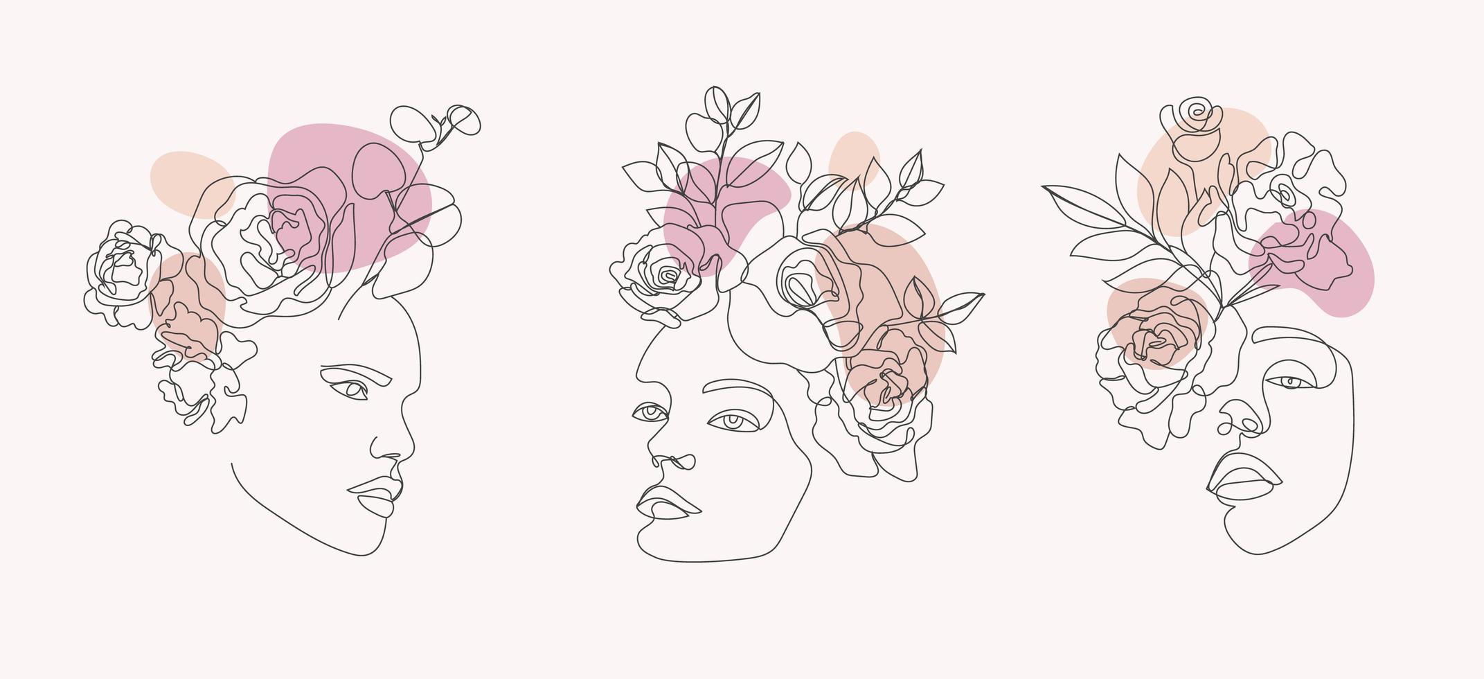 ensemble d'images vectorielles de visages de femmes, illustrations d'art en ligne de corps, logos avec fleurs et feuilles, concept de nature féminine. utiliser pour les impressions, les tatouages, les affiches, le textile, les logotypes, les cartes, etc. vecteur