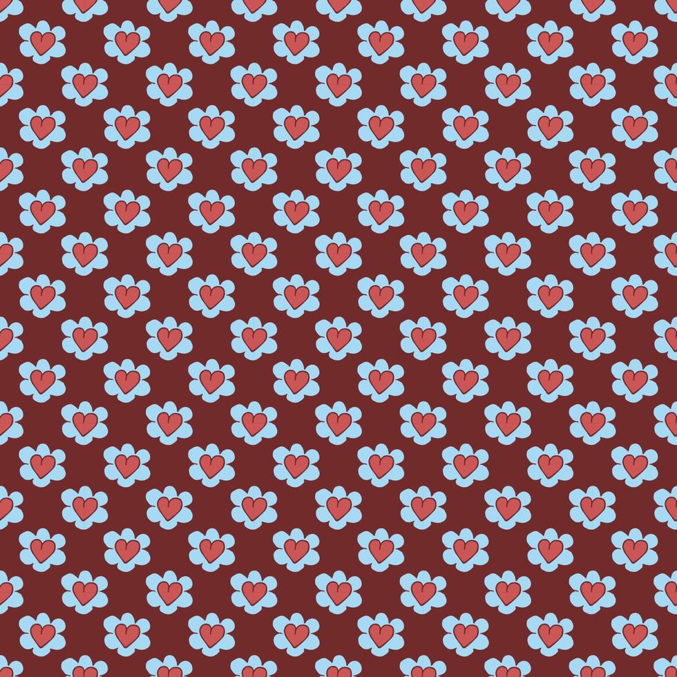 motif de camomille bleue avec des coeurs sur fond rouge. vecteur