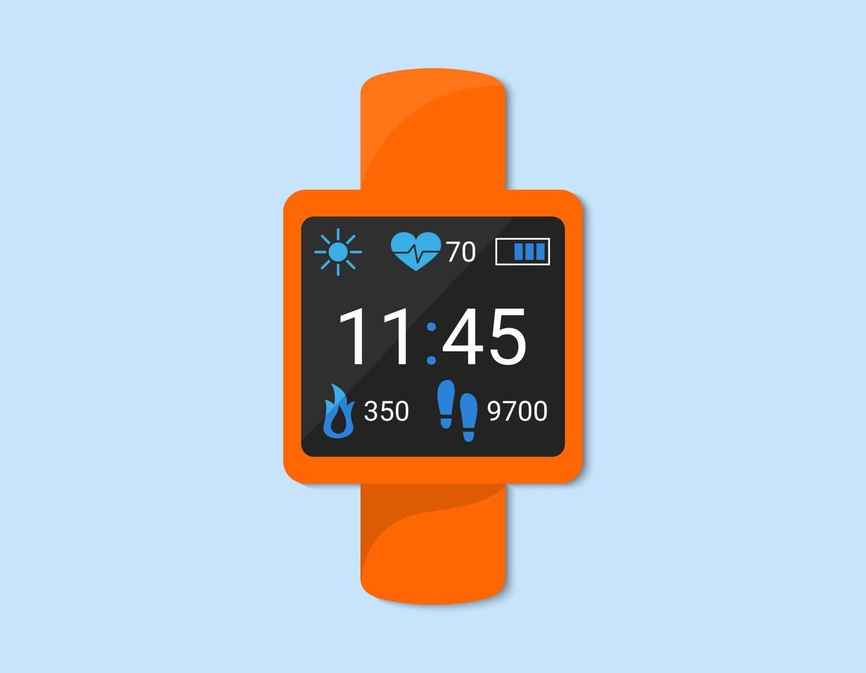 montre intelligente agrandi isolé. bracelet de fitness, smartband affichant l'heure, les indicateurs de pouls, de pas et de calories affichés. illustration de plat de vecteur