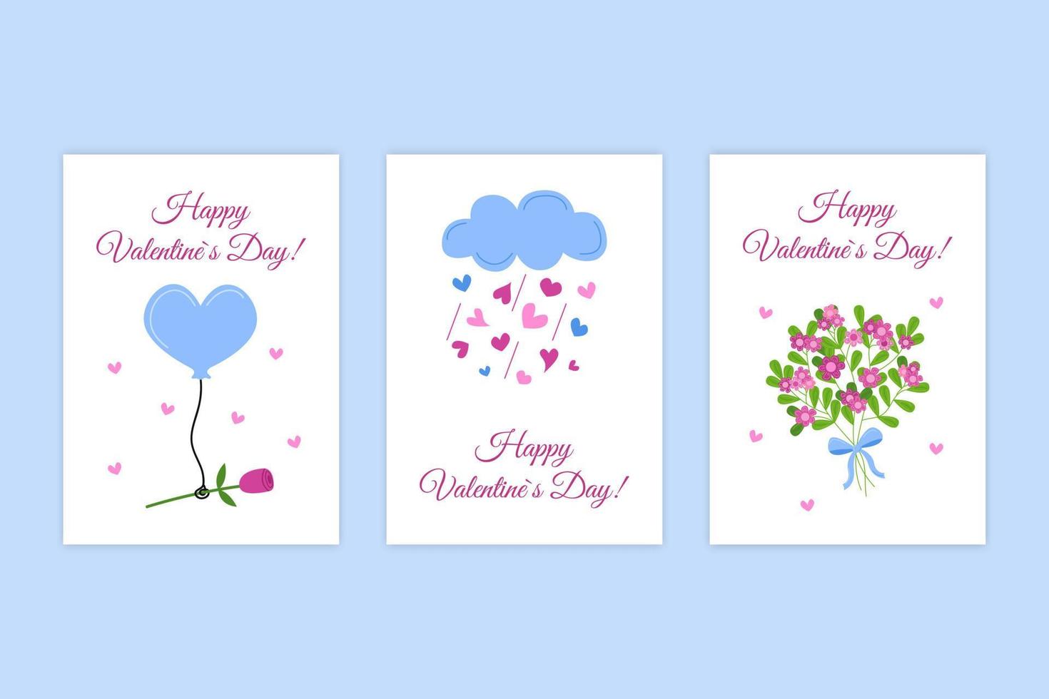 cartes de voeux pour la saint valentin. collection vectorielle de cartes de vœux. coeurs, ballon avec rose, fleurs et joli nuage. ensemble de la Saint-Valentin vecteur