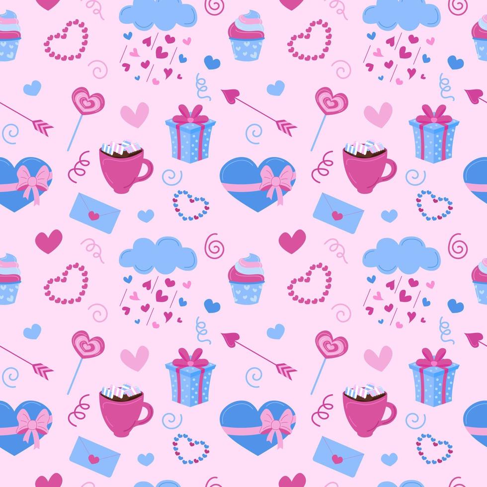 modèle de la Saint-Valentin. fond rose sans couture de vecteur avec des coeurs plats mignons de valentines, enveloppe, éléments de bonbons
