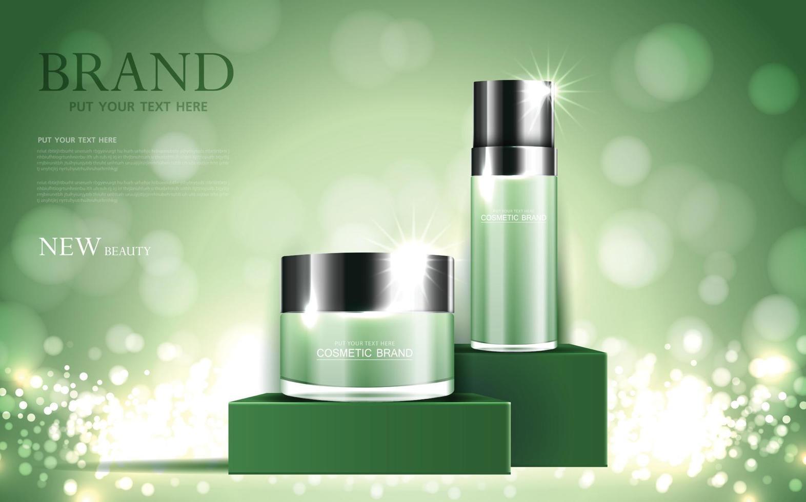 cosmétiques ou produits de soins de la peau annonces de produits d'or bouteille verte et effet de lumière scintillante d'arrière-plan. conception de vecteur. vecteur