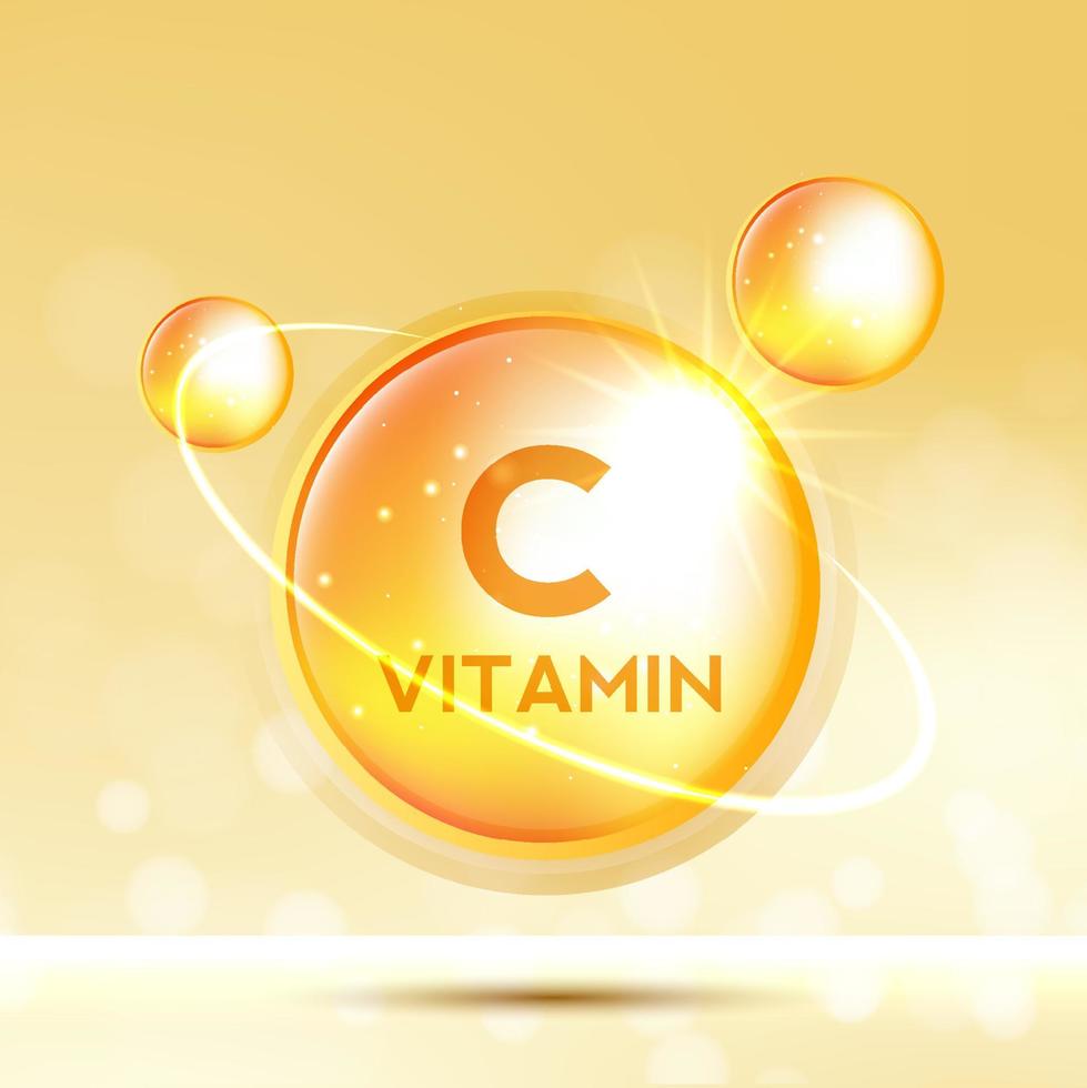 icône de vitamine c. goutte de substance dorée brillante. médicaments pour les annonces de santé. traitement grippe rhume et nutrition soins de la peau. illustration vectorielle. vecteur