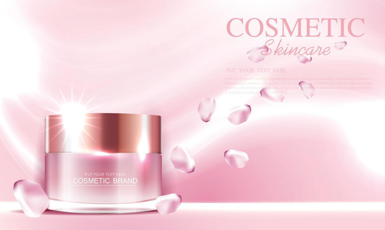 crème hydratante à la rose pour le visage en vente annuelle ou en festival. bouteille de masque crème argent rouge isolée sur fond de particules de paillettes pour la présentation du produit. annonces cosmétiques gracieuses, illustration vectorielle vecteur