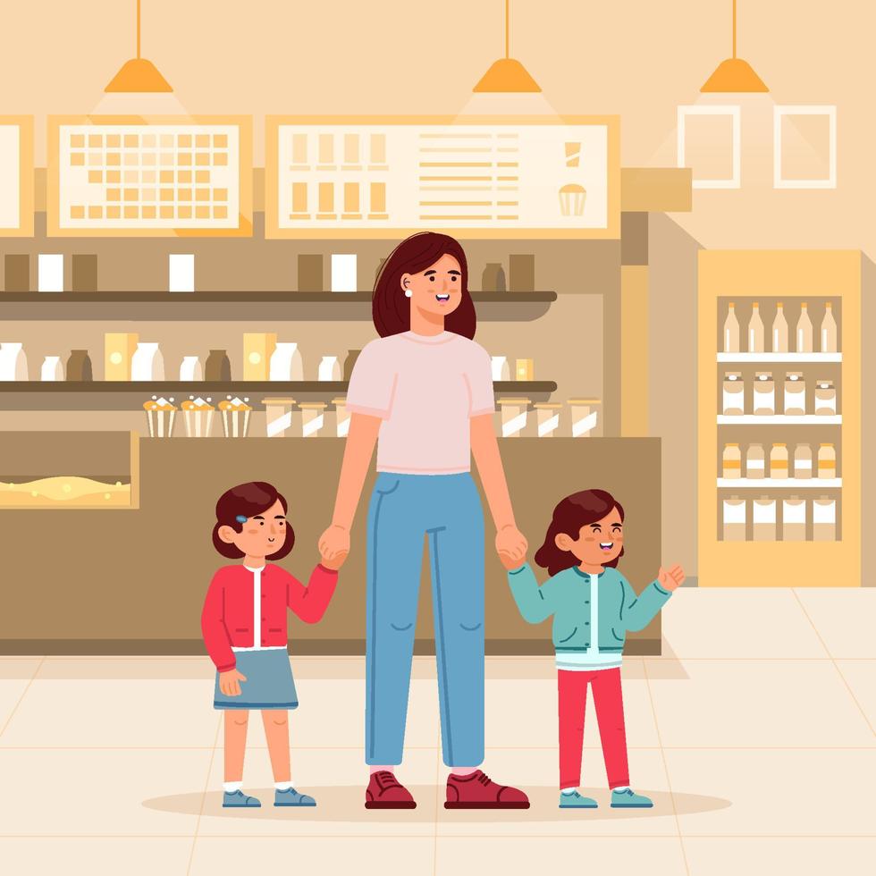 mère et ses enfants dans le concept de supermarché vecteur