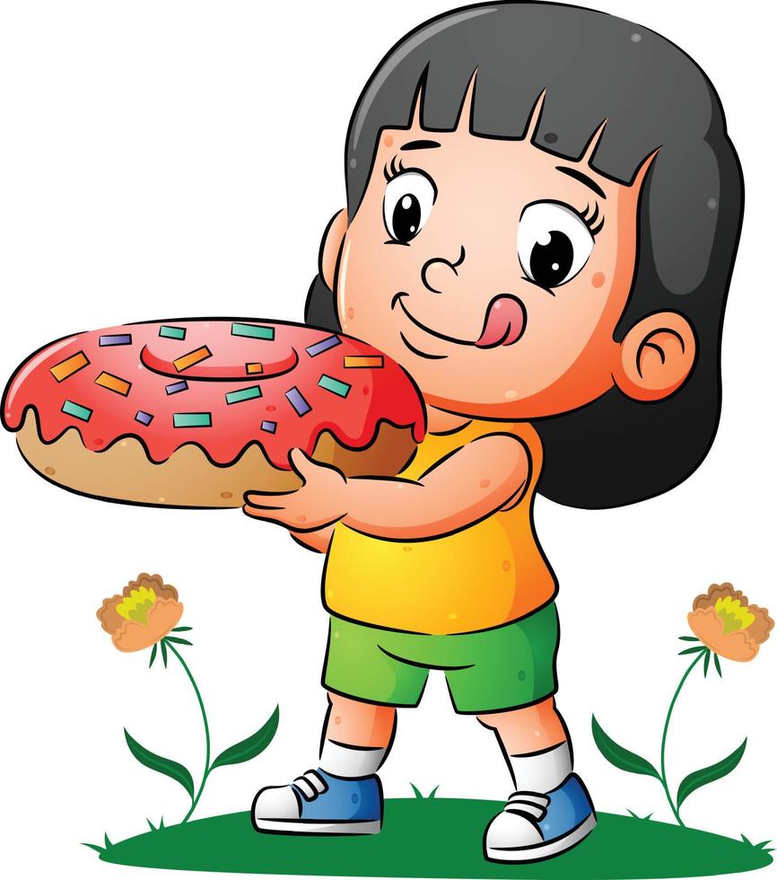 la fille heureuse tient les délicieux beignets avec des dégâts colorés vecteur
