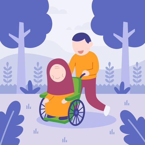 homme aidant sa mère en fauteuil roulant. famille heureuse. illustration vectorielle plane vecteur