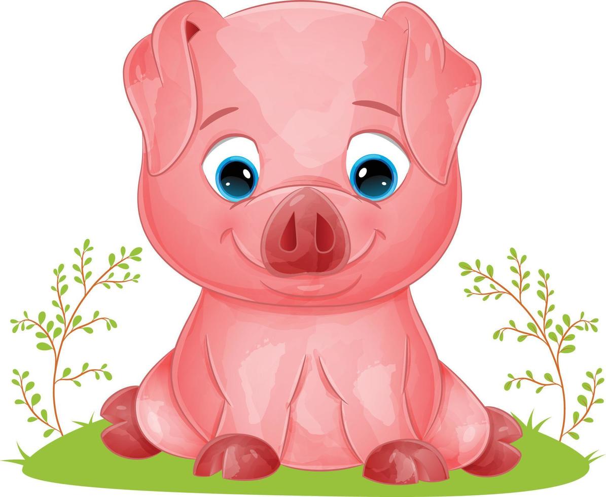 le cochon mignon avec le visage heureux est assis sur l'herbe vecteur