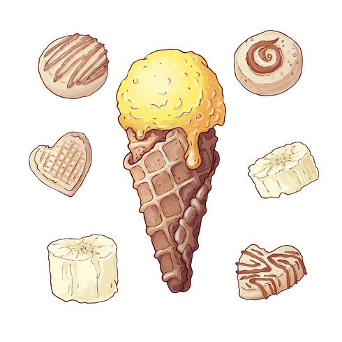 Définir la crème glacée au chocolat, dessiner à la main. Illustration vectorielle vecteur