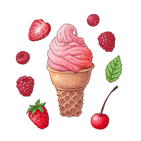 Définir la crème glacée fraise cerise framboise. Dessin à main levée. Illustration vectorielle vecteur