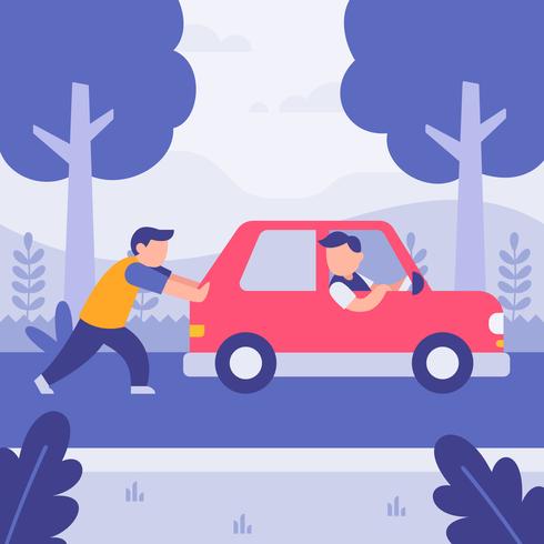 Homme aidant un ami en poussant la voiture cassée avec fond d&#39;arbre. Illustration vectorielle Style plat. vecteur