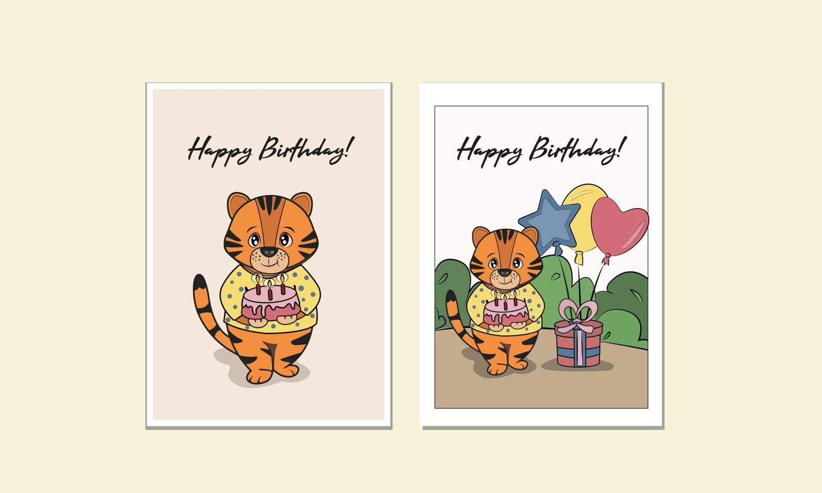 joyeux anniversaire bébé tigre avec gâteau d'anniversaire et cadeau. ensemble d'illustrations vectorielles pour la fête ou la carte vecteur